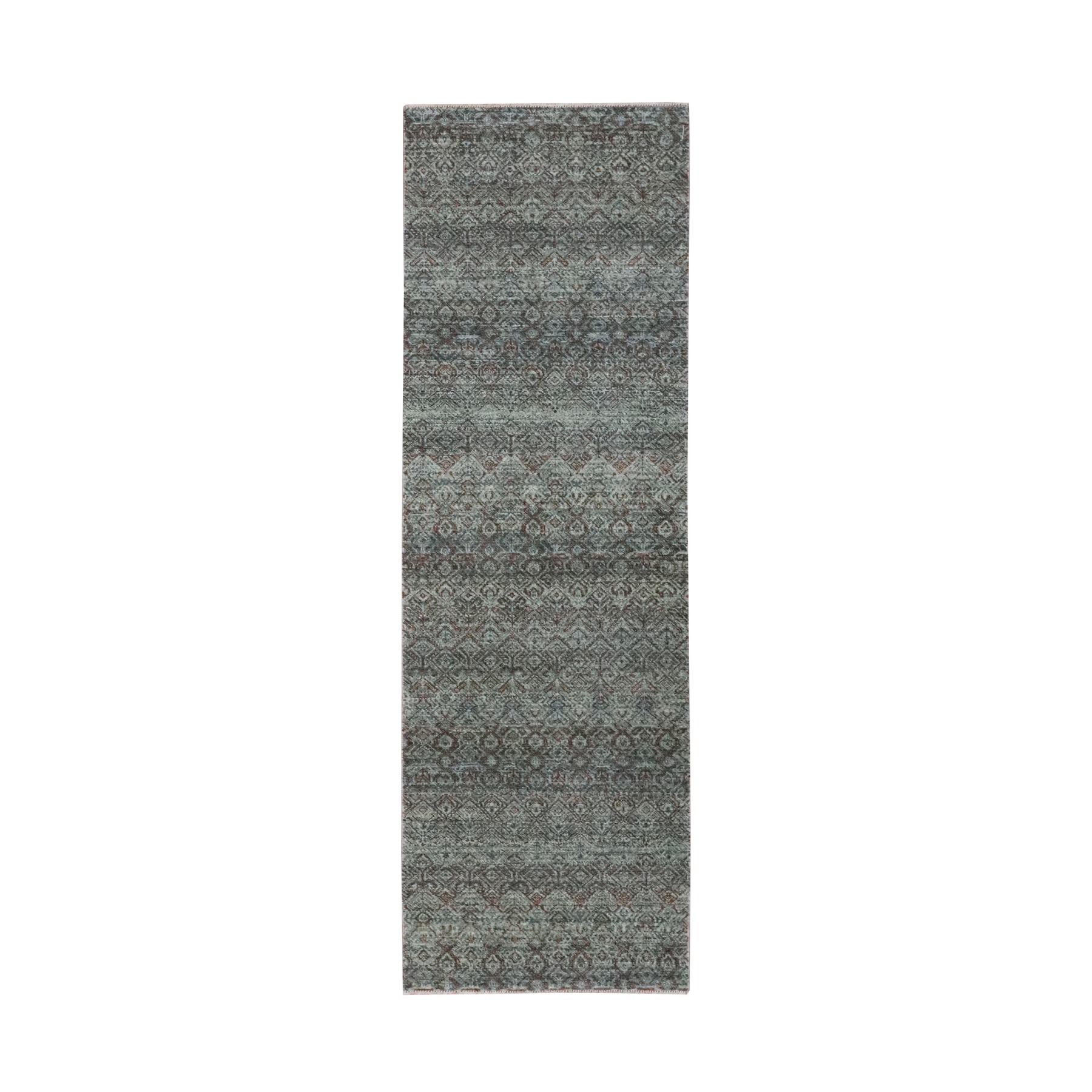 2'6"x8' Stone Gray, Tone on Tone, Kohinoor Herat Pattern, Small Geometric Repetitive Diamond Design, Soft Wool, Hand Knotted, Runner, Oriental Rug 